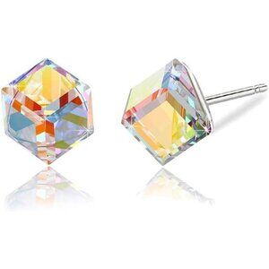 Cube Austrian Crystal Drop Stud Earrings for Women Fashion S925 Sterling Silver
